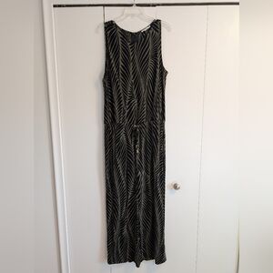 Chico's Black and Olive Green Leaf Patterned Jumpsuit